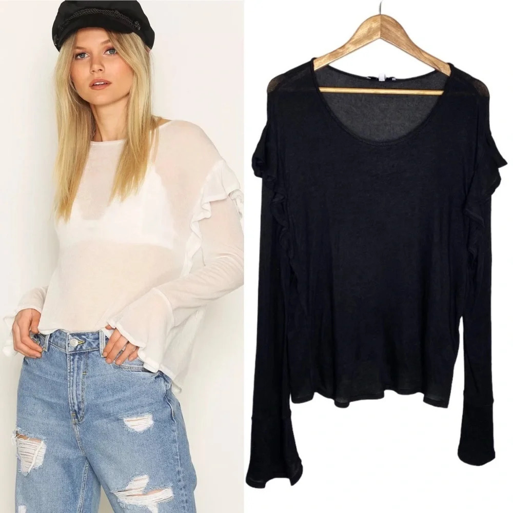 IRO Black Dunia Ruffle Trim Long Bell Sleeve Top Blouse Size Medium